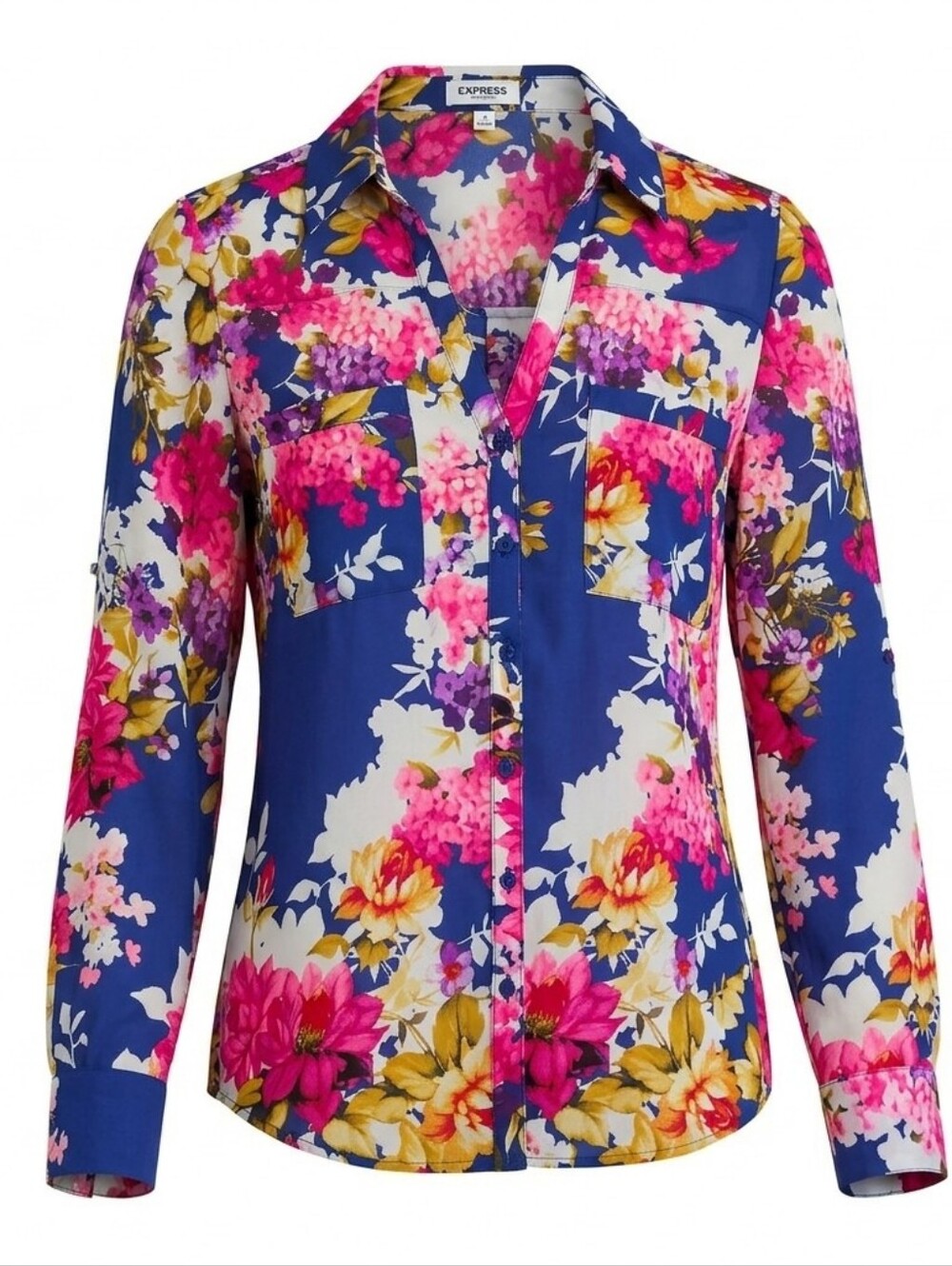 Express Portofino Floral Shirt Medium Blue Roll Tab Office Chic Button Up